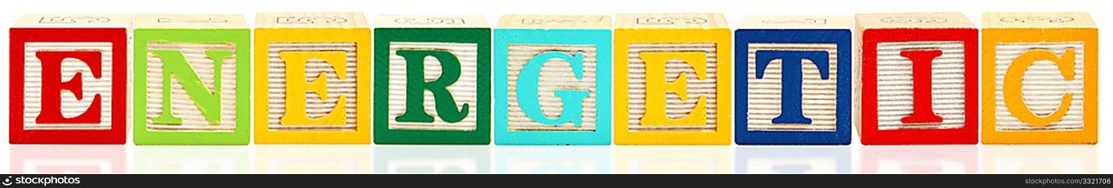Colorful alphabet blocks spelling the word ENERGETIC