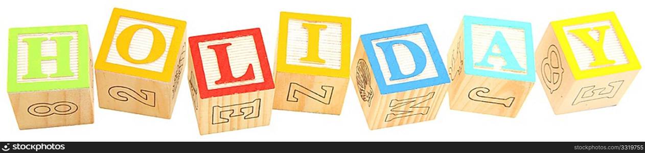colorful alphabet blocks spelling the word HOLIDAY