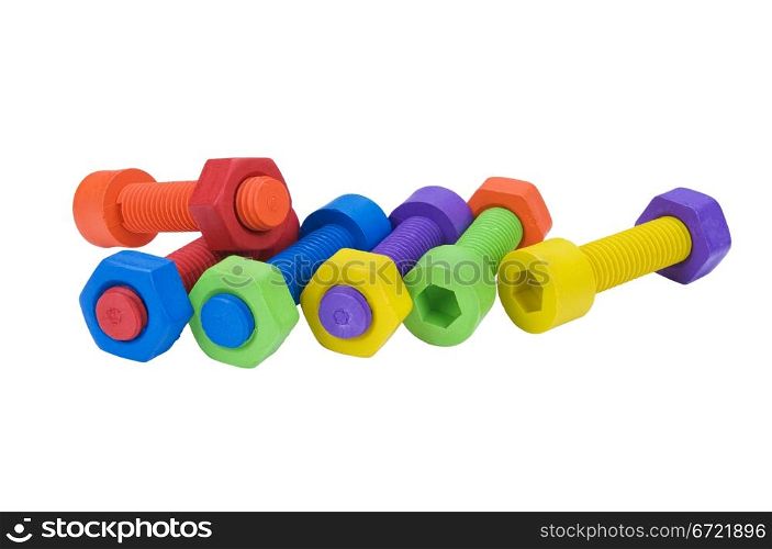 Colorful and funny nuts and bolts toys isolated on white background