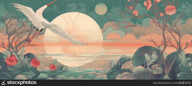 Colorful and luxury landscape with oriental birds flying on the sea. Generative AI