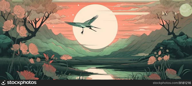 Colorful and luxury landscape with oriental birds flying on the sea. Generative AI