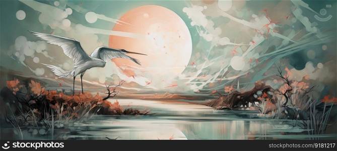 Colorful and luxury landscape with oriental birds flying on the sea. Generative AI