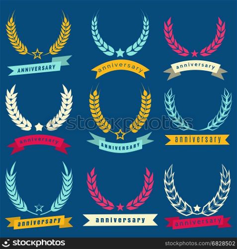 Colorful anniversary banners with ribbons. Colorful anniversary banners with ribbons on blue backdrop. Vector illustration