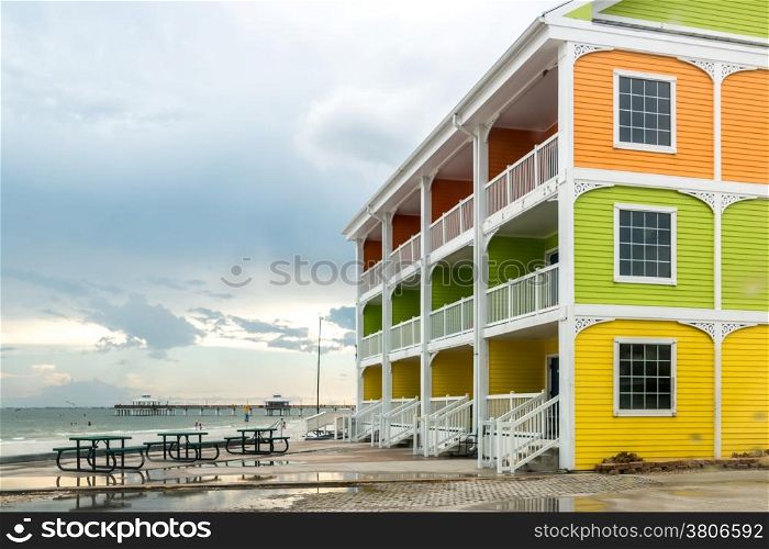 Colorful apartment building overlooking the beautiful Fort Myers Beach in Florida, USA