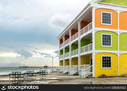 Colorful apartment building overlooking the beautiful Fort Myers Beach in Florida, USA