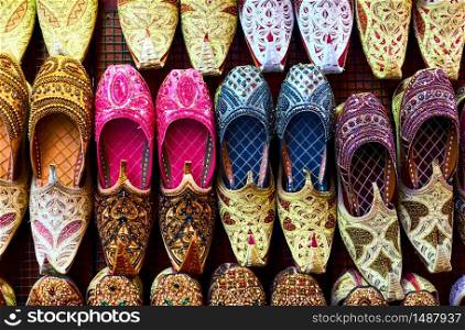 Colorful arabian babouches shoes close-up