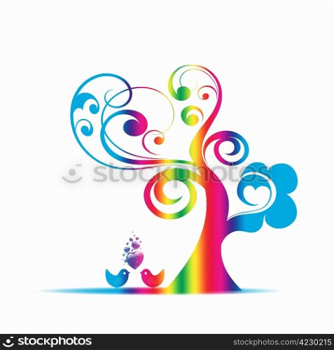 colorful art tree and birds isolated on black background