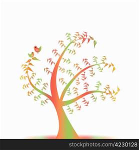 Colorful art tree and birds isolated on white background