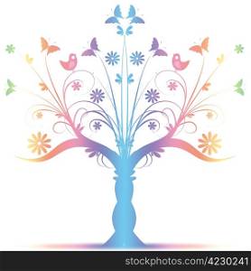 Colorful art tree with birds and butterfly on white background