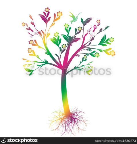 Colorful art tree with roots isolated on white background