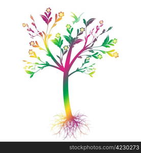 Colorful art tree with roots isolated on white background