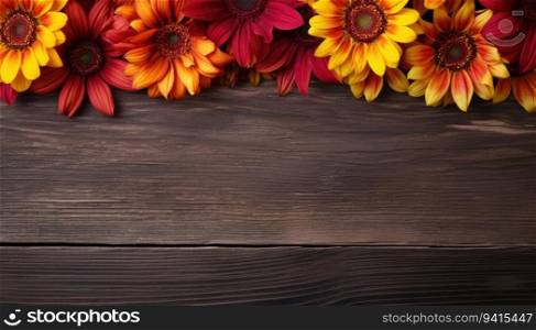 Colorful autumn flowers on wooden background. Top view with copy space