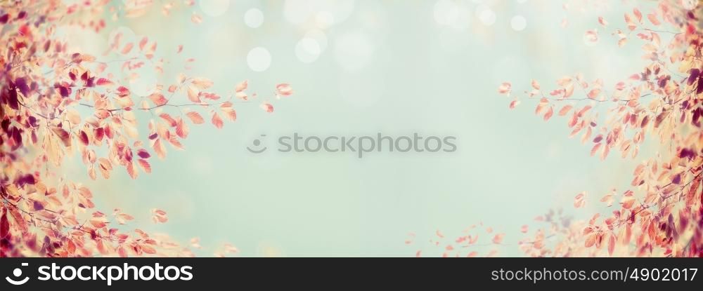 colorful autumn tree branch with red leaves on light blue bokeh background, banner for website