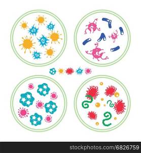 Colorful bacteries in Petri dish. Colorful phatogen virus and immune bacteries in Petri dish, vector illustration