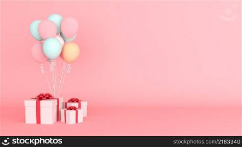 Colorful balloon and gift boxes on pink background with copy space for text, 3d rendering