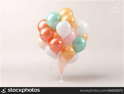 Colorful balloons 3d background. Bunch of flying helium balloon for birthday or anniversary congratulation concept. AI Generative
