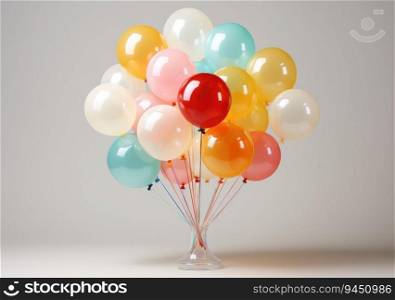 Colorful balloons 3d background. Bunch of flying helium balloon for birthday or anniversary congratulation concept. AI Generative