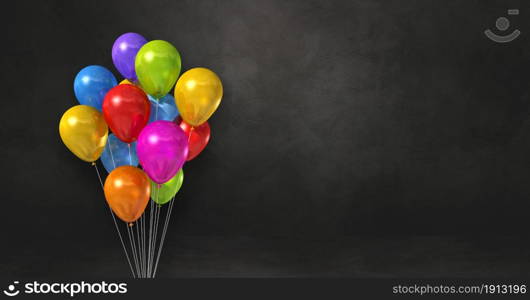 Colorful balloons bunch on a black wall background. Horizontal banner. 3D illustration render. Colorful balloons bunch on a black wall background. Horizontal banner.
