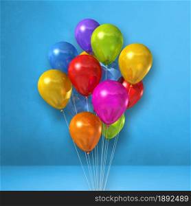 Colorful balloons bunch on a blue wall background. 3D illustration render. Colorful balloons bunch on a blue wall background