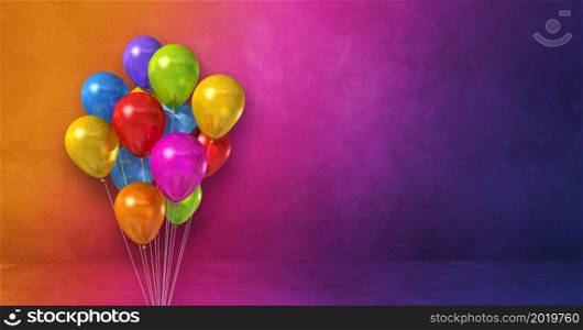 Colorful balloons bunch on a rainbow wall background. Horizontal banner. 3D illustration render. Colorful balloons bunch on a rainbow wall background. Horizontal banner.