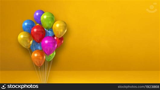 Colorful balloons bunch on a yellow wall background. Horizontal banner. 3D illustration render. Colorful balloons bunch on a yellow wall background. Horizontal banner.