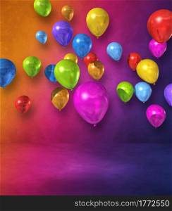 Colorful balloons group on a rainbow wall background. 3D illustration render. Colorful balloons group on a rainbow wall background