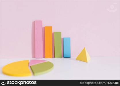 colorful bar graph pie chart yellow pyramid desk pink background