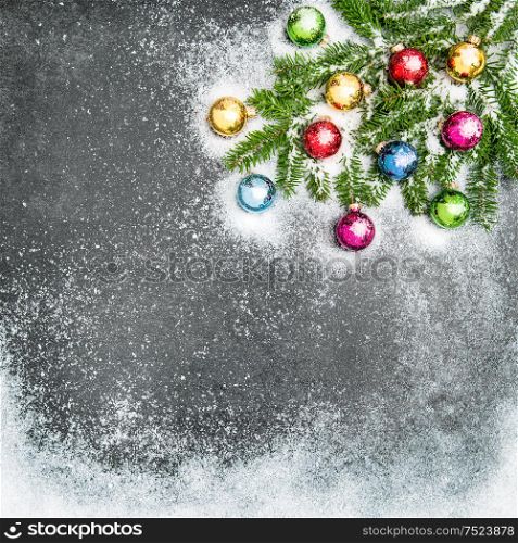 Colorful baubles and snow decoration. Holidays background vintage toned