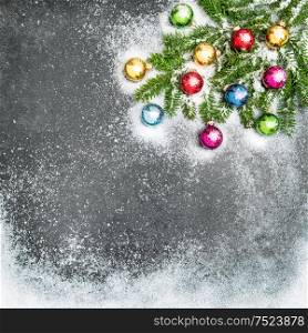 Colorful baubles and snow decoration. Holidays background vintage toned
