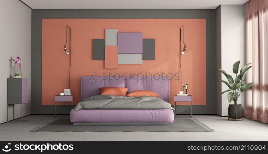 Colorful bedroom with modern double bed and decor frame on wall - 3d rendering. Colorful master bedroom with modern double bed