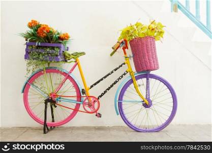 Colorful bicycles with bunches of flowers