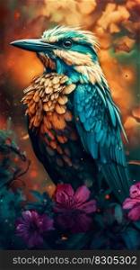 Colorful Bird with Floral on Background. Generative AI. High quality illustration. Colorful Bird with Floral on Background. Generative AI