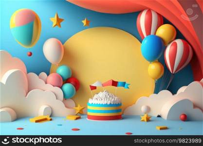 Colorful birthday background with balloons and place for text. Illustration Generative AI 