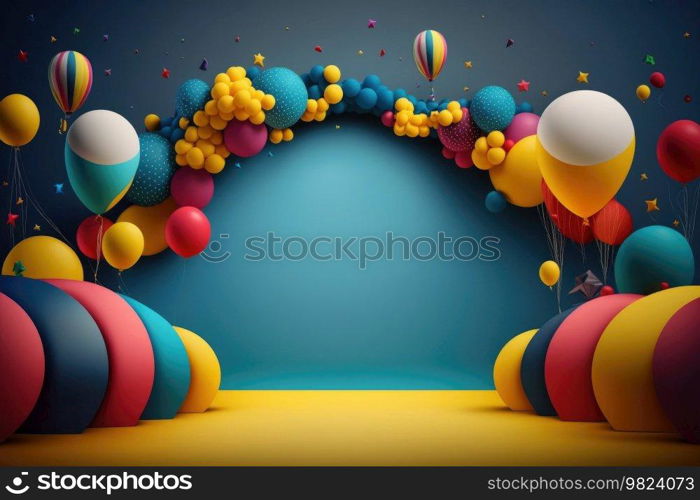 Colorful birthday background with balloons and place for text. Illustration Generative AI 