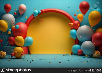 Colorful birthday background with balloons and place for text. Illustration Generative AI 
