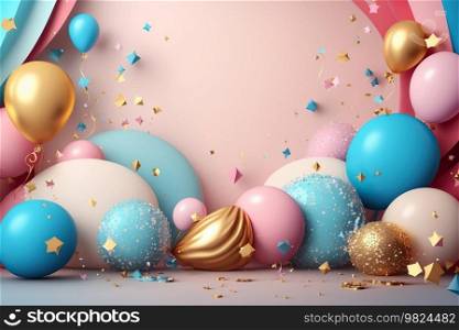Colorful birthday background with balloons and place for text. Illustration Generative AI