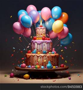 Colorful birthday cake. Rainbow cake with pastel colored balloons. Fantasy birthday. Ce≤bration. Smash the cake photoshoot. AI Ge≠rative