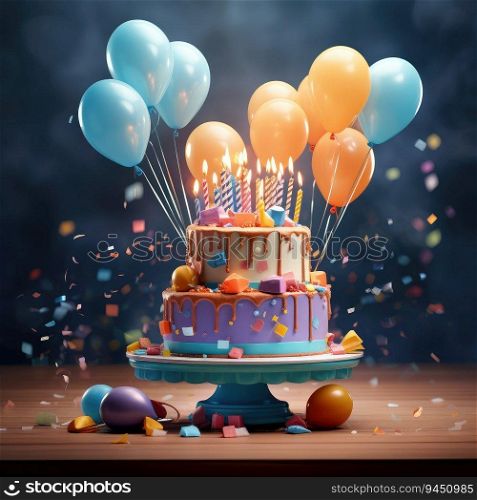 Colorful birthday cake. Rainbow cake with pastel colored balloons. Fantasy birthday. Celebration. Smash the cake photoshoot. AI Generative