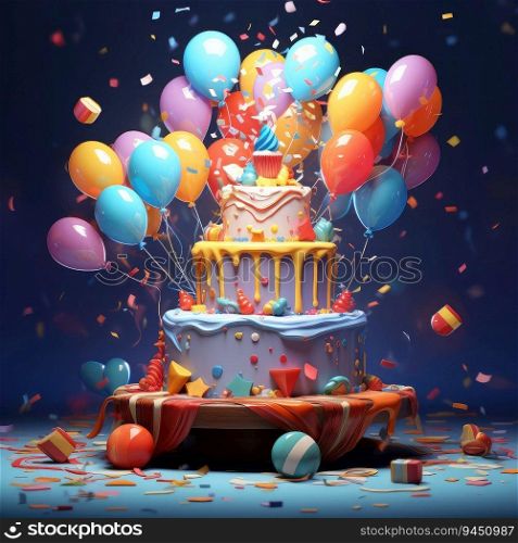 Colorful birthday cake. Rainbow cake with pastel colored balloons. Fantasy birthday. Celebration. Smash the cake photoshoot. AI Generative