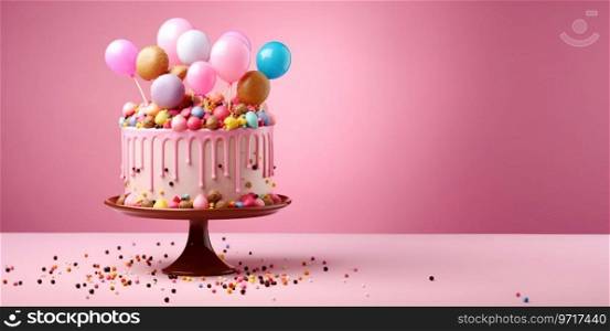 Colorful birthday cake with candies and balloons on cake stand and pink background.AI Generative.