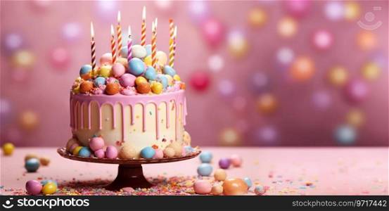 Colorful birthday cake with candles on cake stand and pink balloons background.AI Generative.