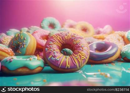 Colorful birthday donuts. Candy dessert. Generate Ai. Colorful birthday donuts. Generate Ai