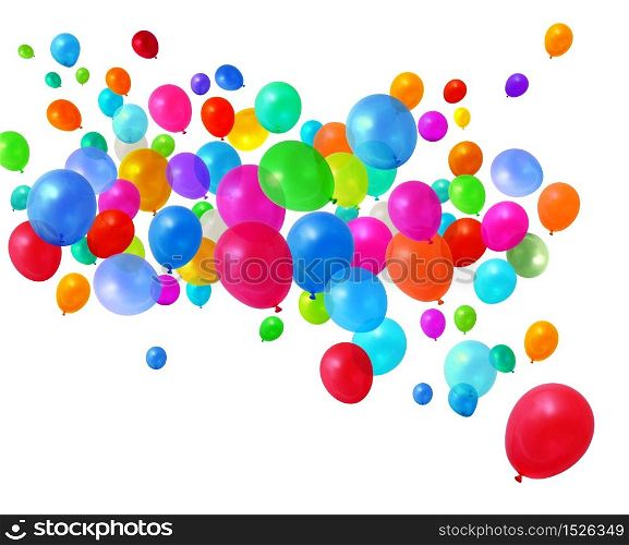 Colorful birthday party balloons flying on white background. Colorful balloons flying