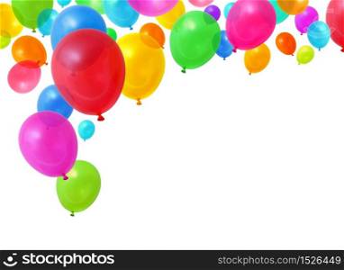 Colorful birthday party balloons flying on white background. Party balloons flying