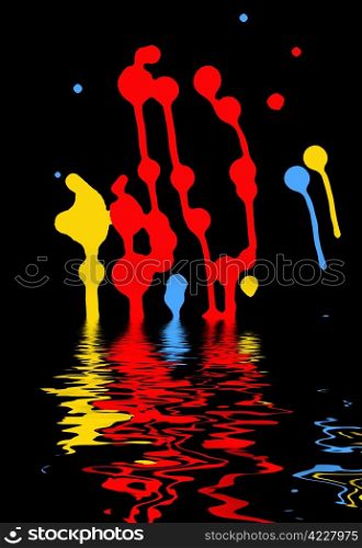 colorful blots on a black background mirrored in the water surface
