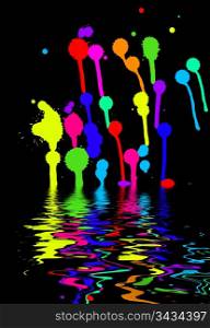 colorful blots on a black background mirrored on the water