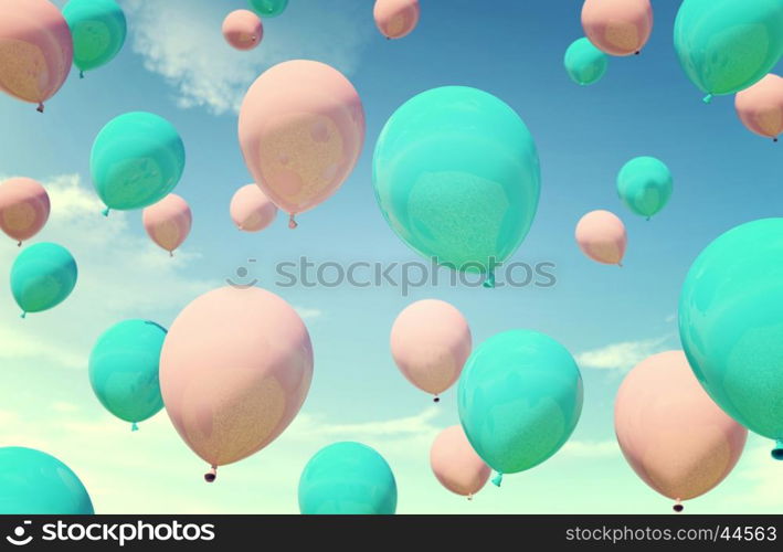 Colorful blue and pink balloons floating in summer holidays in pastel color filter, concept of summer, holidays, and joyful