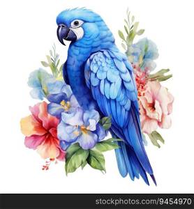 Colorful Blue Parrot Perched On Lush Tropical Plant. AI generated image