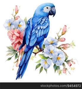 Colorful Blue Parrot Perched On Lush Tropical Plant. AI generated image