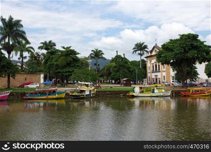 colorful boats in the bay of the famous historical town Paraty Brazil